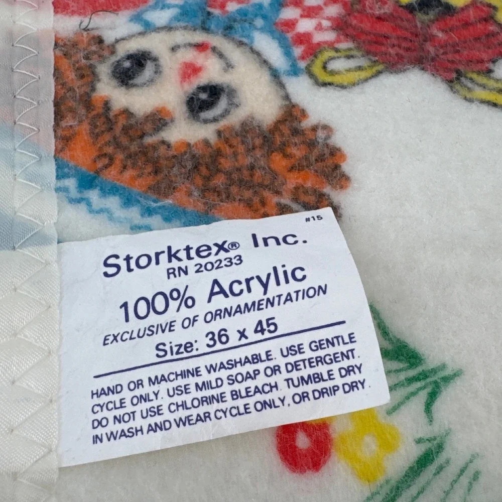 Storktex Raggedy Ann Andy Kids Baby Blanket 36x45 White Vintage 1979 Satin Trim